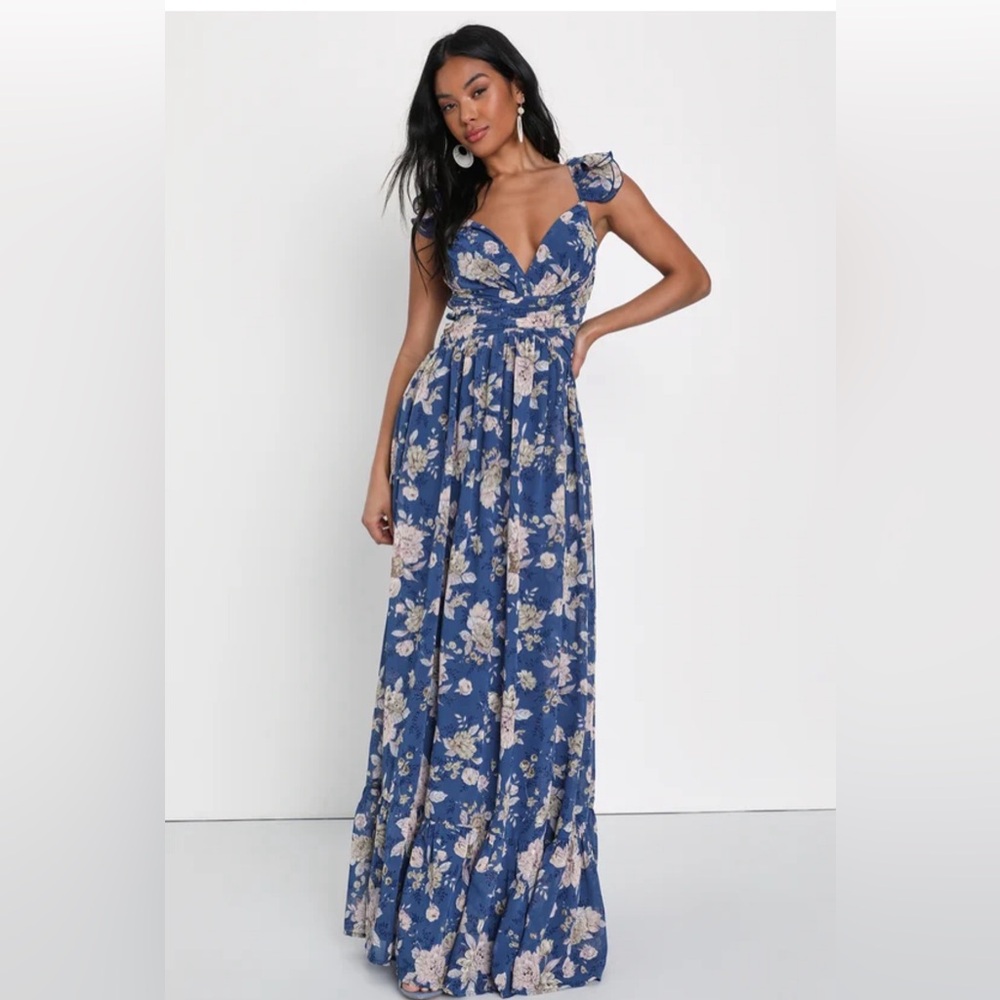 Soiree Celebration Blue Floral Ruffled Lace-Up Maxi Dress
